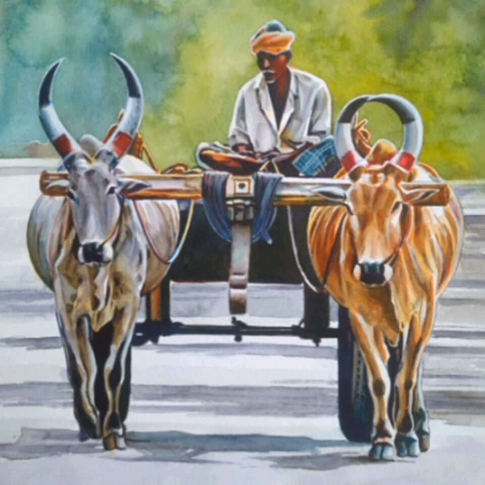 Water color painting of a man with a bullock cart